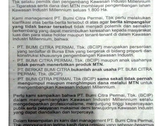 Klarifikasi :  PT. Bumi Citra Permai Tbk. (BCIP)
